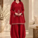 RED MAROON CHERRY- Plain Viscose Embroidered 3-Piece Suit for women