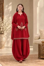 RED MAROON CHERRY- Plain Viscose Embroidered 3-Piece Suit for women - Image 2