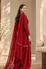 RED MAROON CHERRY- Plain Viscose Embroidered 3-Piece Suit for women - Image 3