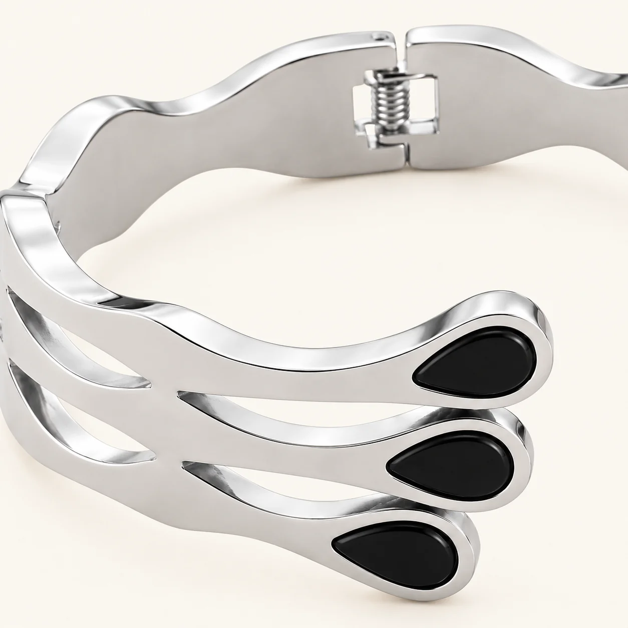 Tahreer Jewels Two-Tone Gold & Silver Bangle for Women Black & White Teardrop Statement Cuff - Image 4