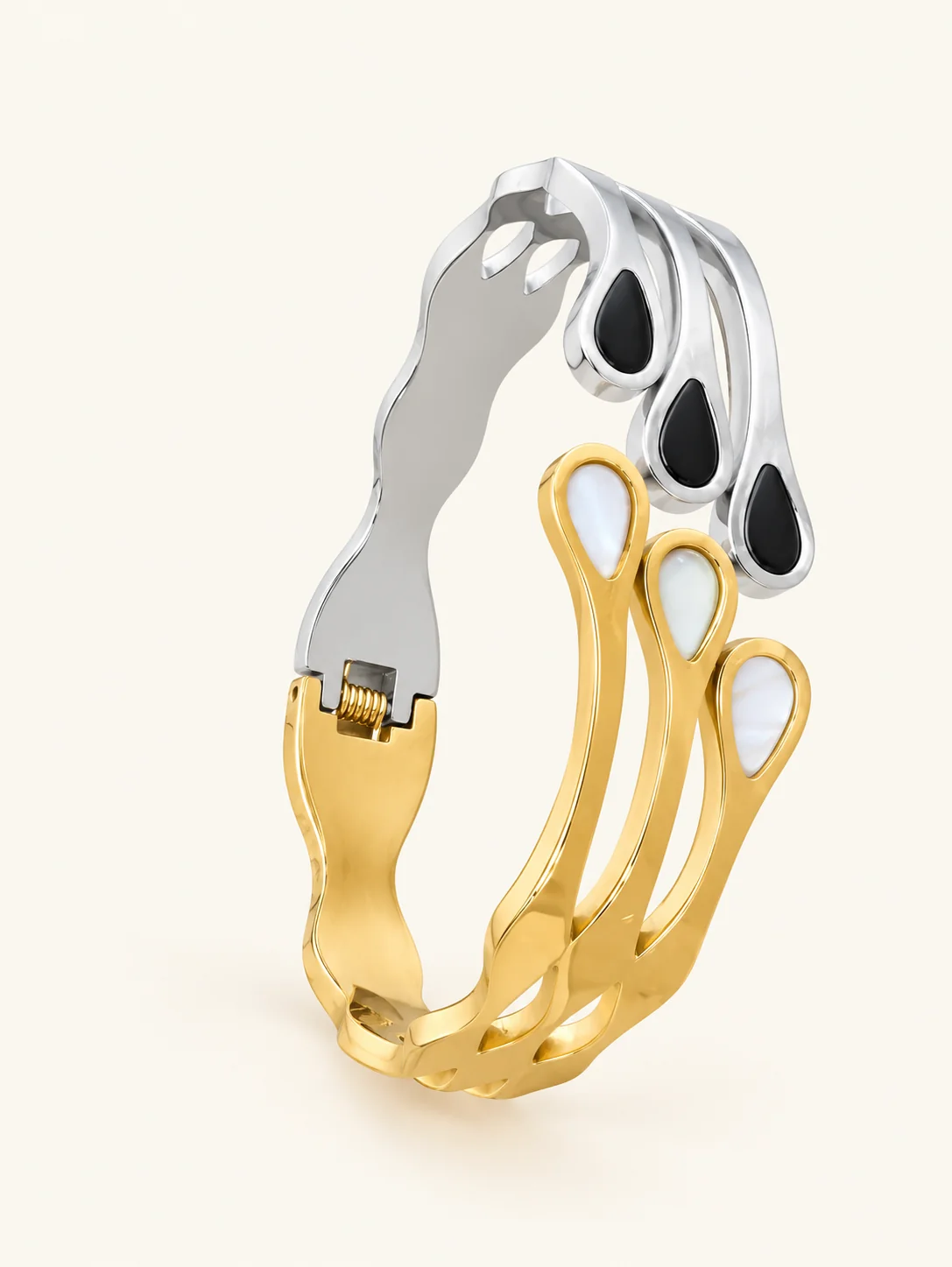 Tahreer_Jewels_Two-Tone_Gold_Silver_Bangle_for_Women_Black_White_Teardrop_Statement_Cuff3 Tahreer Jewels Two-Tone Gold & Silver Bangle for Women Black & White Teardrop Statement Cuff - Image 1
