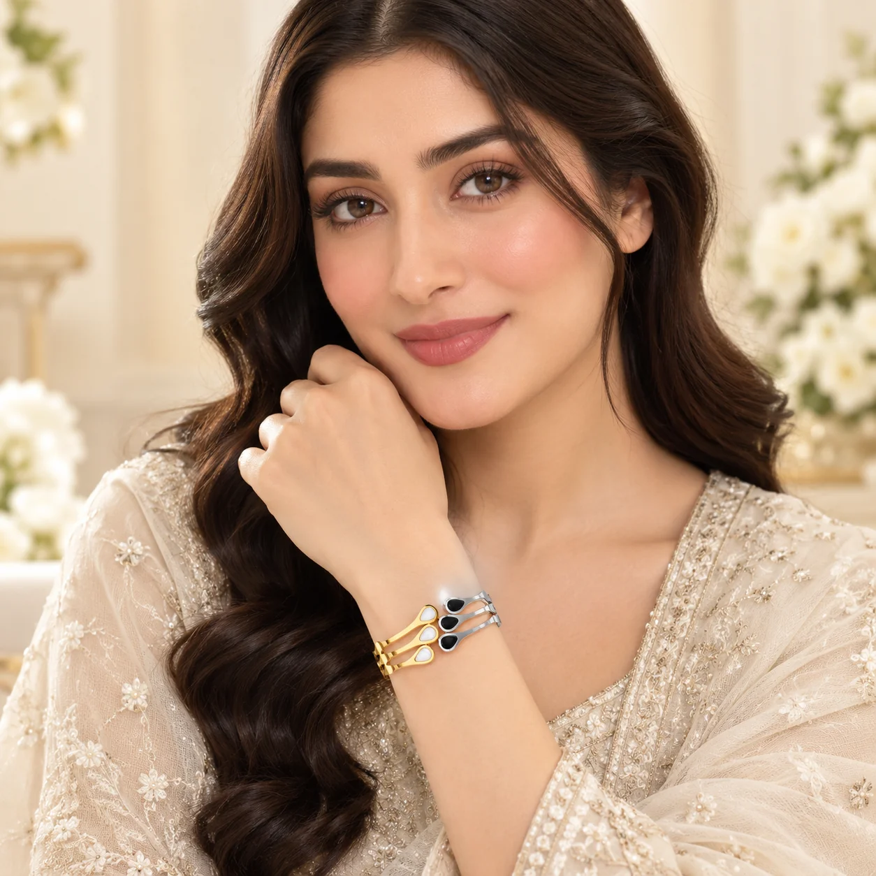 Tahreer Jewels Two-Tone Gold & Silver Bangle for Women Black & White Teardrop Statement Cuff - Image 3